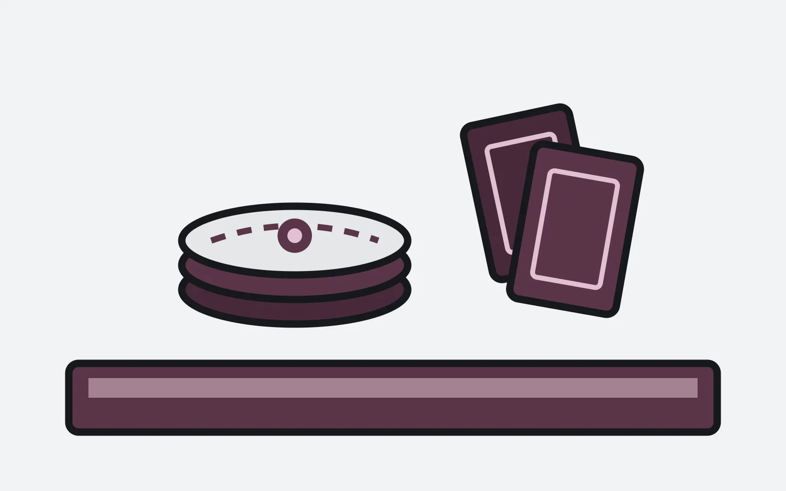 Stacked poker chips on a felt rail beside hole-card backs on felt-ink paper.